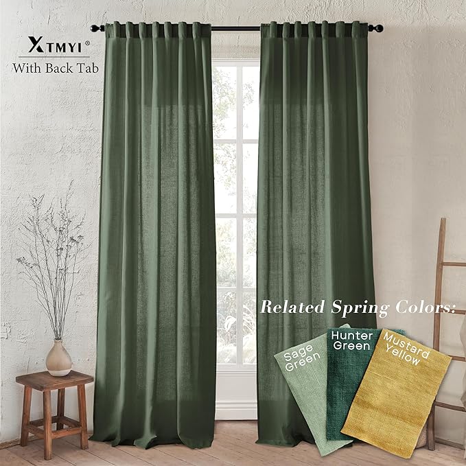 XTMYI Short Curtains for Bedroom,Pole Pocket Back Tab Linen Boho Small Curtain for Kitchen Shower Bathroom Window,54 Inch Length,Dark Olive Green