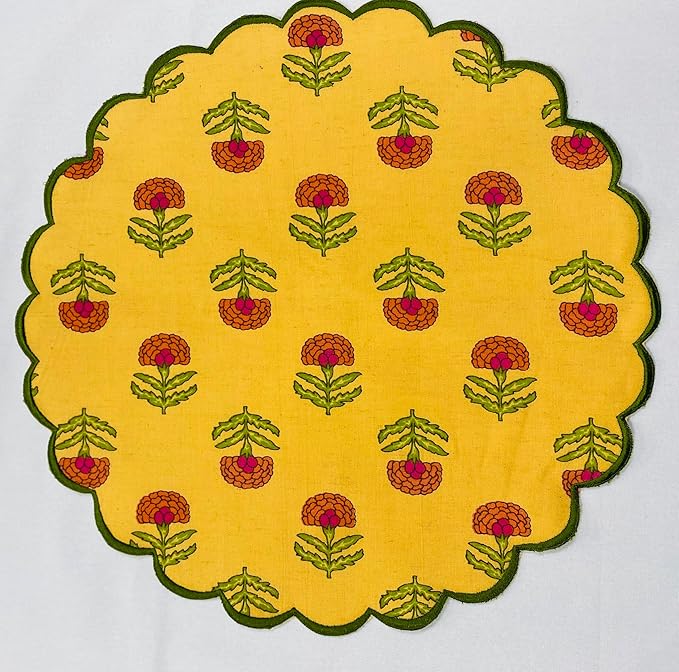 Ridhi Pestal Orange Bo-ho Round Place Mat Double Layer Floral Cotton Washable Placemats 15" Round Embroidery Block Print Table Mat Pack of 4-15 Inch Round