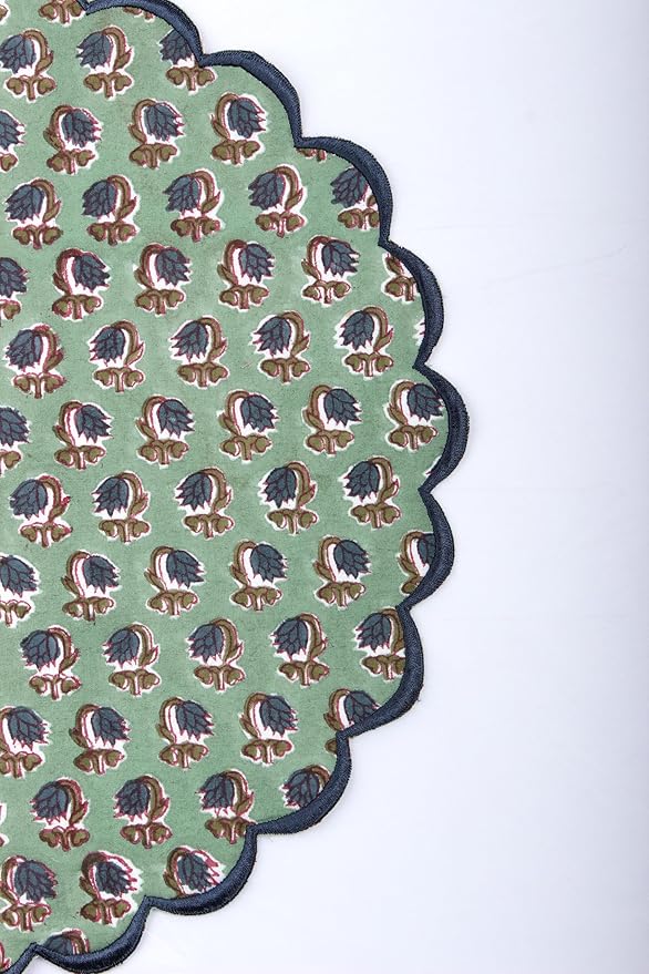 Ridhi Bo-ho Round Place Mat Double Layer Floral Cotton Washable Placemats 15" Round Embroidery Block Print Table Mat (Pack of 4-15 Inch Round, Basil Green)