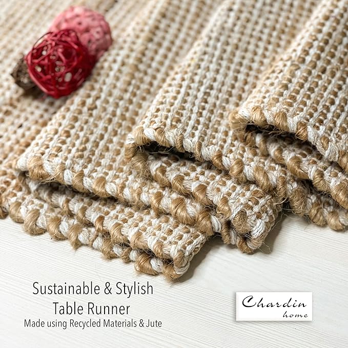 Chardin home Natural Jute Table Runner 13x48 Inch – Vintage Boho Rustic Table Decor – Handwoven Jute Table Runner in Natural and Ivory – Farmhouse Dining or Console Table Accent