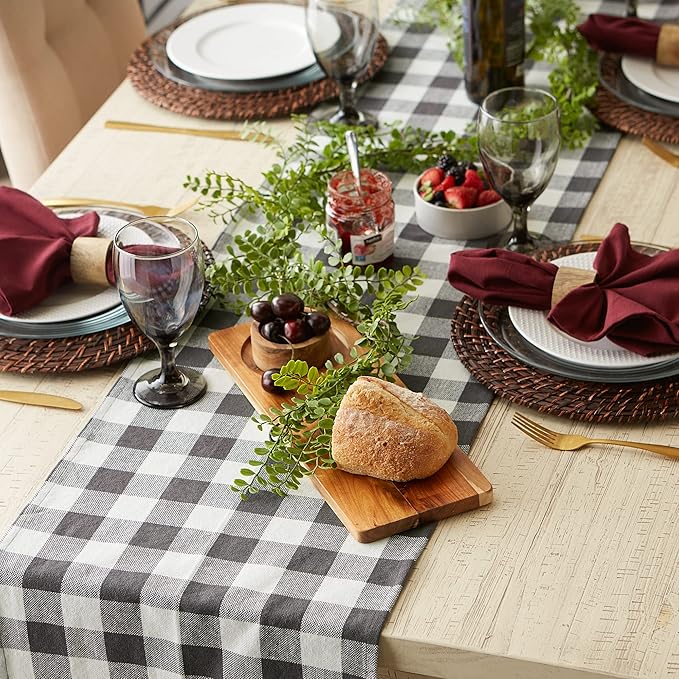 DII Heavyweight Fringed Check Tabletop Collection, Table Runner, 14x72, Mineral