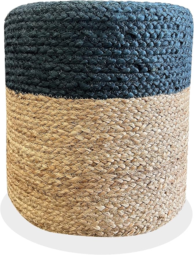 S & L Homes Pouf Ottoman - 100% Jute Braided Footrest Pouf Hand Knitted Traditional Cord Boho Pouffe for Living Room, Bedroom, Nursery, Patio, Lounge Colorblock - Natural Navy (16”x16”x16”)