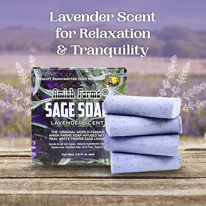 Amish Farms Sage Soap Bar with Bentonite Clay for Face & Body, Lavender Scent (1 Bar) Handmade in USA, Cold Processed Body Soap Bars for Women and Men - Gentle for Sensitive Skin, 4 Ounce Each