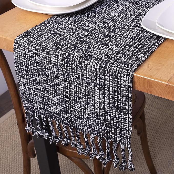 100% Cotton Table Runner for Dining Room Tables Rectangle Two Tone Woven Fabric 72" x 13" Soft Durable Table Runner, Black(Pack of 1)
