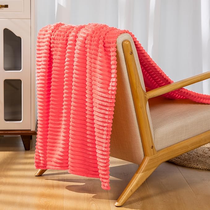 Vessia Flannel Fleece Throw Blanket for Couch,Sofa,Bed, 300GSM Striped Red Blanket for Adults and Kids, Super Soft Warm Cozy Lightweight Ribbed Throw for All-Season