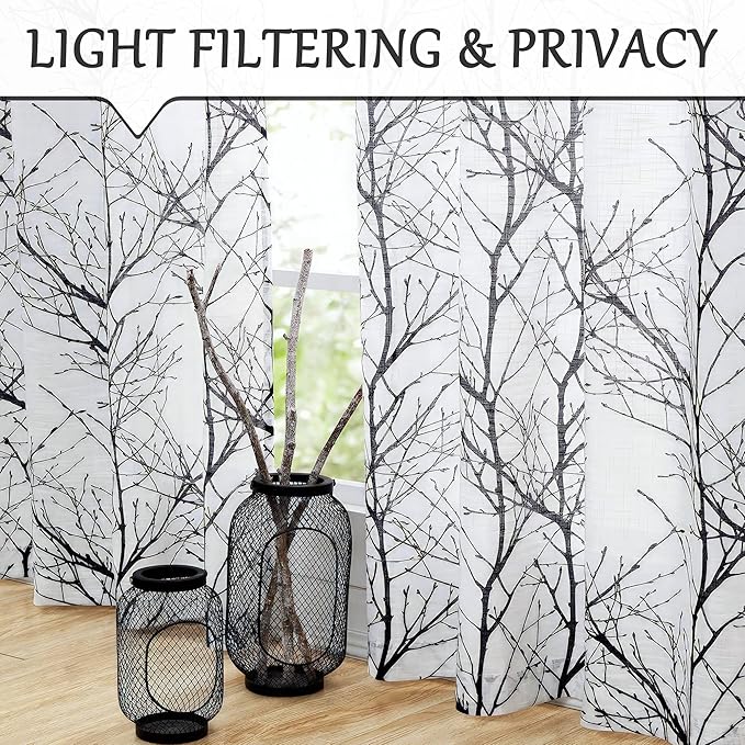 FMFUNCTEX Linen Semi Sheer Curtains for Bedroom, Black White Curtains 84 Inches Long for Living Room, Grey Tree Branch Patterned Curtain Light Filtering Farmhouse Window Drapes, Grommet Top 2 Panels