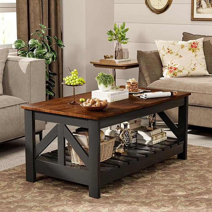 JUMMICO 39” Farmhouse Coffee Table for Living Room, 2-Tier Modern Living Room Table with Storage Shelf, Rustic Rectangular Center Table Space Saving Home Furniture (Rustic Brown & Black)