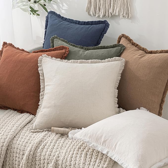 MIULEE Decorative Throw Pillow Covers Neutral Linen Fringe Throw Pillows Set of 2 Light Olive Green Boho Farmhouse Cushion Covers for Couch Sofa Bed Living Room Spring Home Decor 18x18 Inch