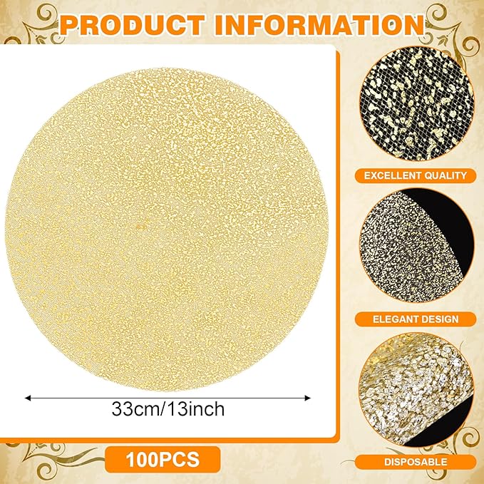 100 Piece Gold Placemats 13 Inch Disposable Gold Foil Place Mats Round Mesh Pressed Paper Placemat Elegant Wedding Table Mats for Birthday Party, Church Banquet, Dinners, Dining Room, Table Decor