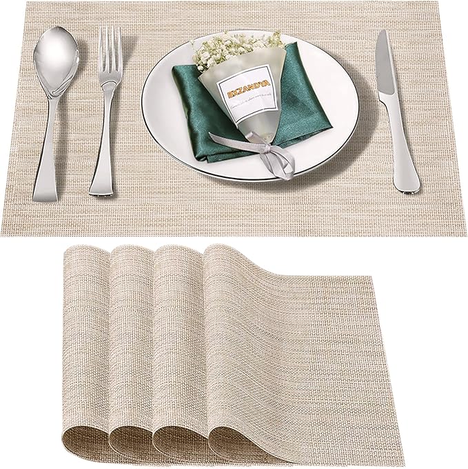 Placemats Set of 4,Washable,Heat and Stain Resistant Indoor/Outdoor Place mats, Vinyl Woven Non Slip Table Mats for Restaurant Table Protection, PVC Table Placemats.(Beige White,4PCS)
