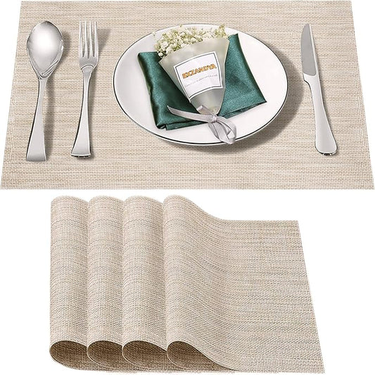 Placemats Set of 4,Washable,Heat and Stain Resistant Indoor/Outdoor Place mats, Vinyl Woven Non Slip Table Mats for Restaurant Table Protection, PVC Table Placemats.(Beige White,4PCS)