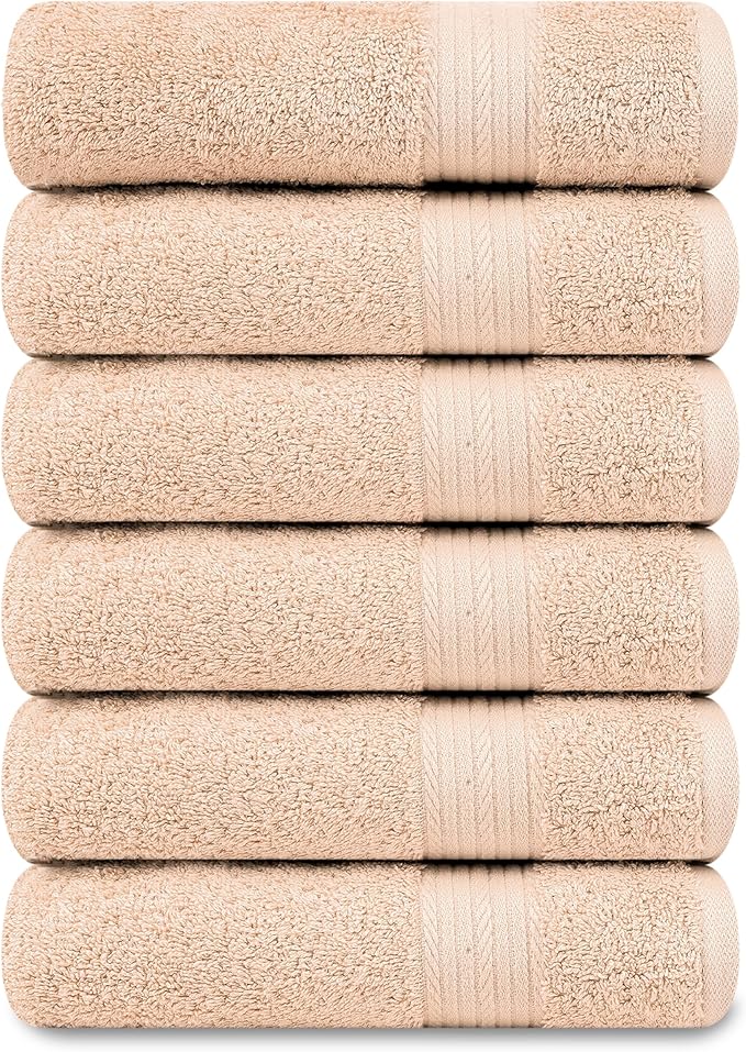 Ample Decor Hand Towel 18 X 28 Inch Pack of 6 600 GSM 100% Cotton,Oeko Tex Certified Soft Absorbent Thick Durable Premium Quality, for Hotel, Bathroom,Spa,Daily Use,Gym-Machine Washable-Beige
