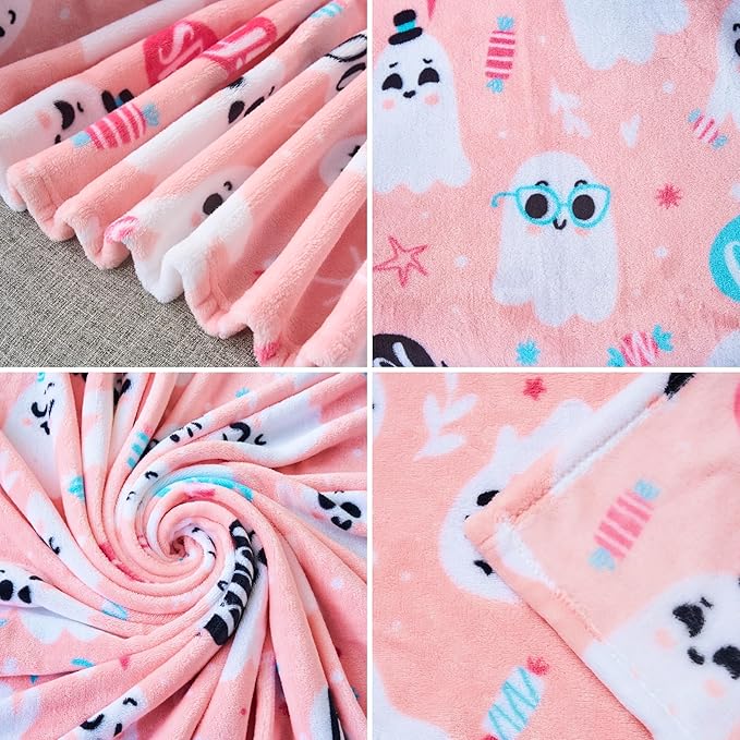 Joiedomi Halloween Throw Blanket - Soft Plush Pink Ghost Blanket - Cozy Flannel Decoration for Party, Sofa, Bed, Living Room 50"x60"