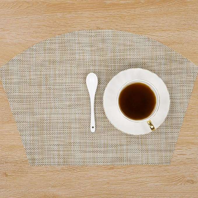 SHACOS Wedge Placemats Set of 4 for Small Round Table Woven Vinyl Table Placemats Wipe Clean CircleTable Mats Indoor Outdoor, Beige