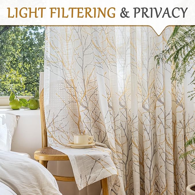 FMFUNCTEX Linen Semi Sheer Curtains for Bedroom, Yellow White Curtains 108 Inches Long for Living Room, Grey Tree Branch Print Curtain Light Filtering Extra Long Window Drapes, Grommet Top 2 Panels