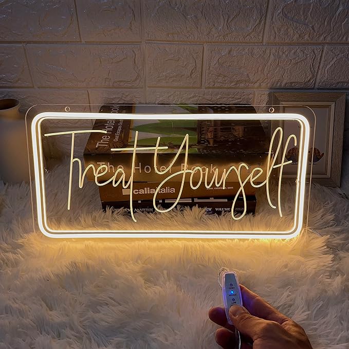 Treat Yourself Neon Sign for Wall Decor, Led Light Neon Signs with Dimmer for Bar Club Windows Cafe Bedroom Room Indoor Aesthetic Decoration Wedding Birthday Party Gifts , USB Powered Warm White Sign 15.8 x 7.9 Inch