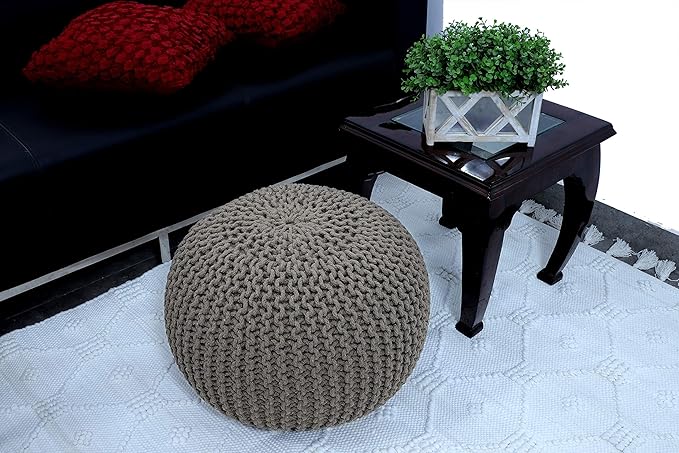 FRELISH DECOR Round Pouf Ottoman Hand Knitted 100% Cotton Pouf - Foot Stool - Knitted Bean Bag - Floor Chair for Living Room Bedroom - Foot Rest for Couch (20 Diameter x 14 Height) - Beige