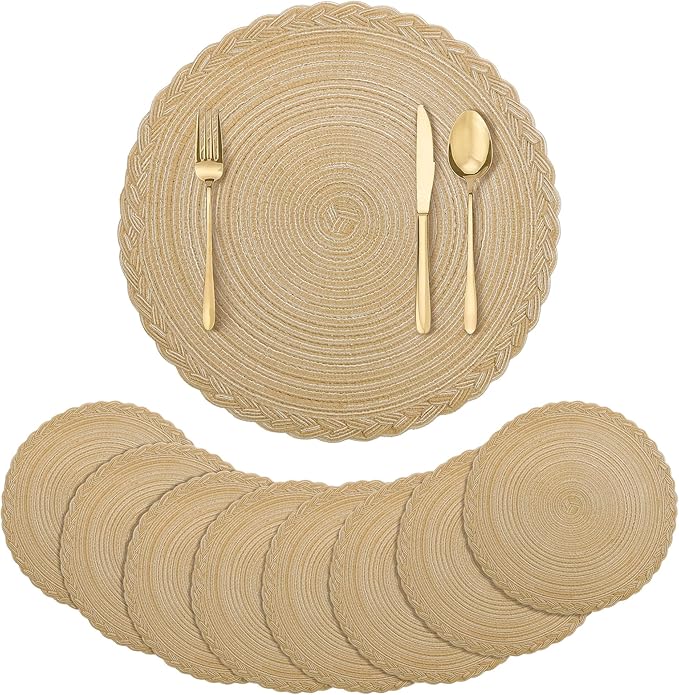 fanquare Round Braided Placemats Set of 8 Khaki Woven Placemats 15 Inch Lace Border Table Mats Round Burlap Placemats for Dining Table Wedding Party