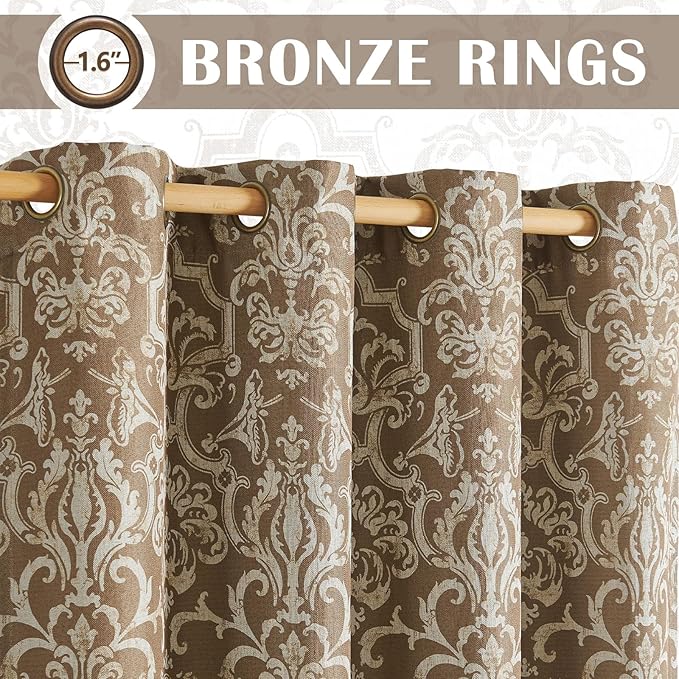 jinchan Room Darkening Curtains for Bedroom Brown Damask Patterned Curtains 63 Inch Length for Living Room Linen Textured Vintage Drapes Medallion Window Treatments Grommet Top 2 Panels Set