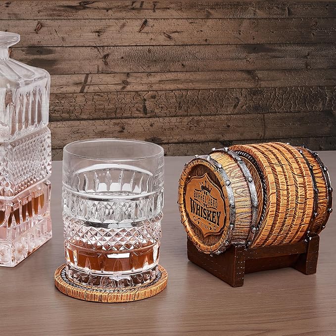 Cabin Obsession Whiskey Barrel Coaster Set β Handcrafted Whiskey Barrel Decor for Whiskey Lovers and Man Cave Gifts for Men - 6 Full Size Whiskey Coasters with Barrel Style Holder for Man Cave DΓ©cor