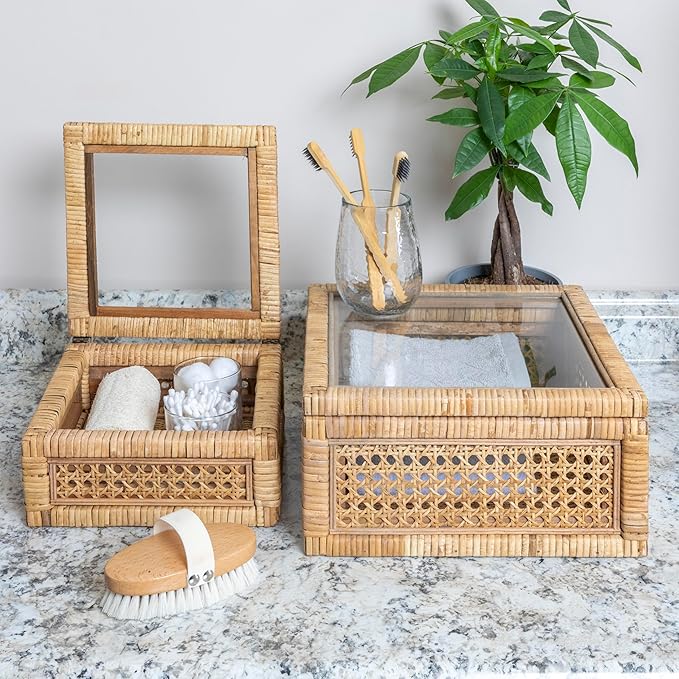 Creative Co-Op Modern Decorative Square Woven Rattan and Wood Display Boxes with Glass Top, Set of 2 Sizes, Natural Finish