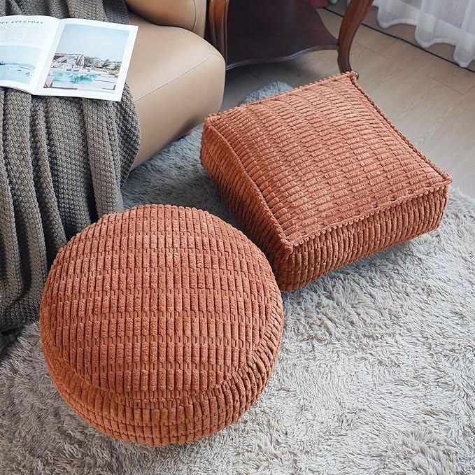 Unstuffed Pouf Ottoman Cover Soft Storage Extra Seat Farmhouse Comfortable Bohemian Poufs Accent Footrest 20x20x8 Inches for Living Room Bedroom Study Nook (Caramel B, Square)