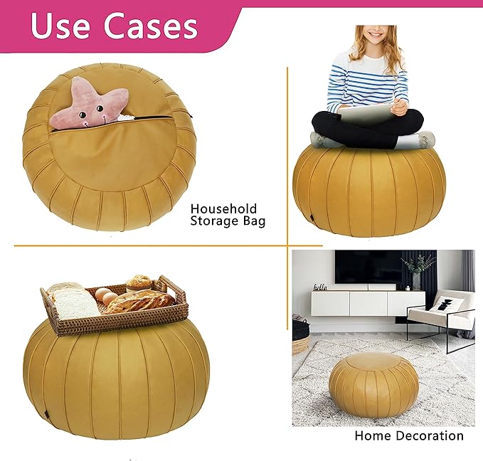 Thgonwid Handmade Storage Pouf Ottoman Foot Stool - Faux Suede Round Floor Cushion 21.6"x13" for Living Room, Bedroom, Wedding Decor, Unstuffed (Yellow)