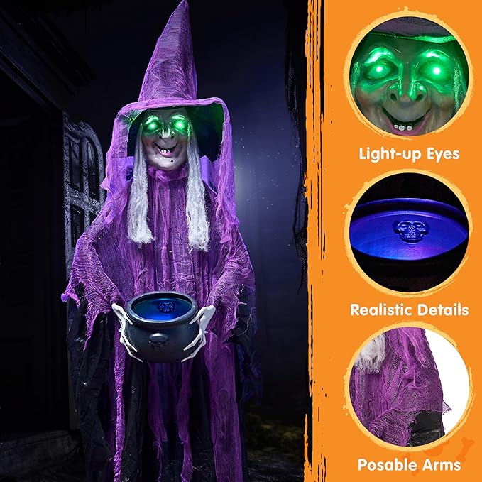 JOYIN 72” Halloween Decorations Standing Witch with Cauldron, Scary Ghost Decor with Sound and Lights, Sound-Activated for Haunted House Yard Lawn Garden