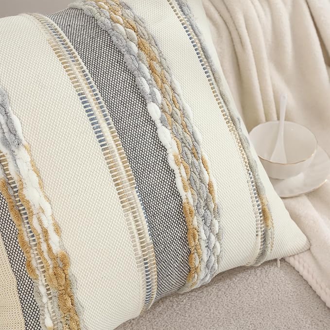 Tosleo Boho Throw Pillow Covers 18x18 Set of 2 Striped Decorative Pillow Cases Accent Chenille Pillowcases Farmhouse Cushion Case Bohemian Nuetral Textured Pillow Cover,Orange and Gray