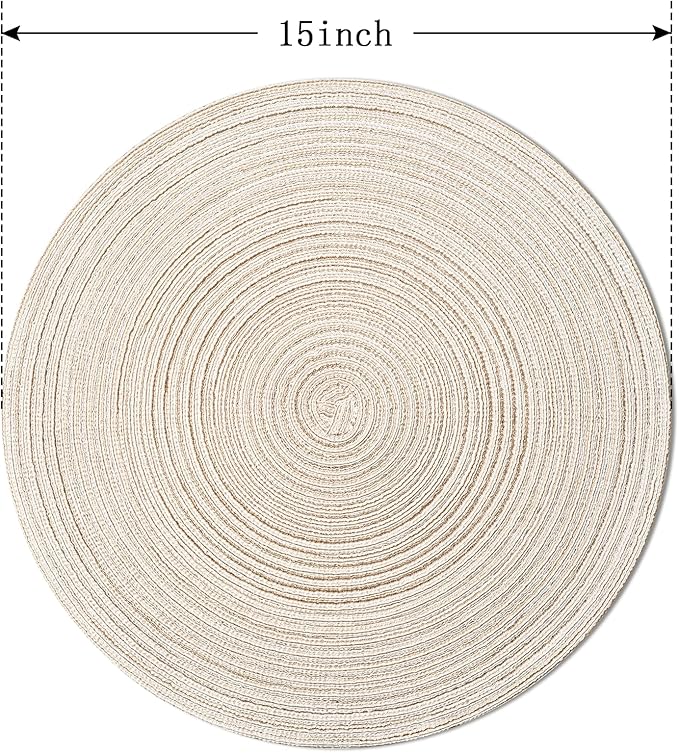 FunWheat Round Braided Placemats Set of 4 Place mats for Dining Tables Woven Heat Resistant Table Mats 15 inch (E Beige, 4pcs)