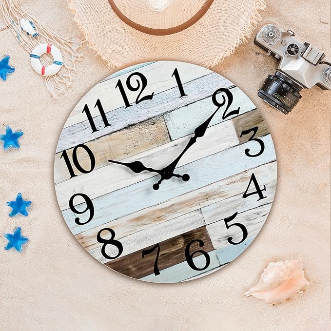Wall Clock Battery Operated 14 Inch Silent Non-Ticking Coastal Country Style Decorative for Living Room, Kitchen, Home,Bathroom, Bedroom, Laundry Room