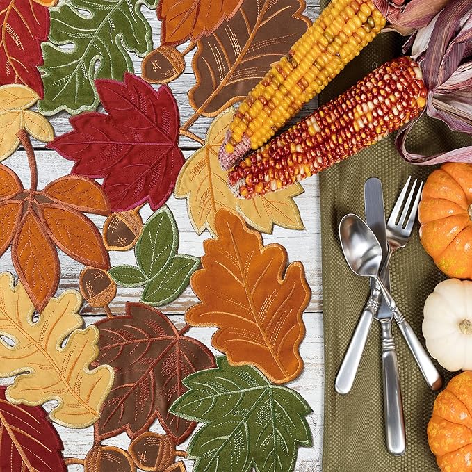 OWENIE Fall Table Runner, Thanksgiving Table Runner Extra Long 144 Inches ,Embroidered Harvest Leaves Home Decor for Autumn Season Outdoor Table Holiday Decorations, 13 x 144 inches Dresser Scarf