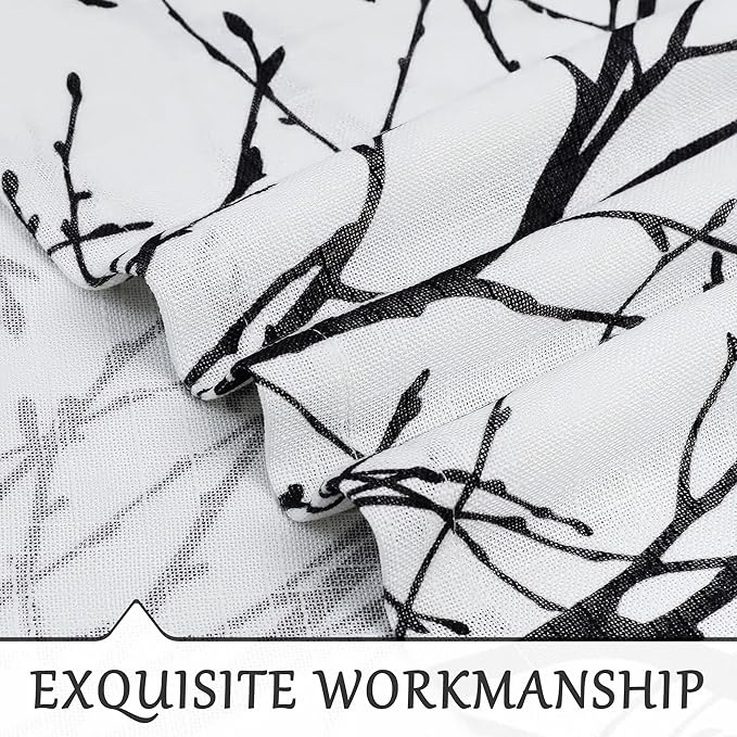 FMFUNCTEX Linen Semi Sheer Curtains for Bedroom, Black White Curtains 84 Inches Long for Living Room, Grey Tree Branch Patterned Curtain Light Filtering Farmhouse Window Drapes, Grommet Top 2 Panels
