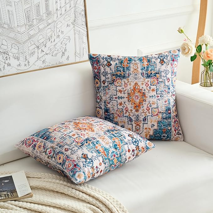 Boho Throw Pillow Covers 22x22 inch Set of 2,Boho Vintage Carpet Pattern Antique Ethnic Decor Double Sided Pattern Cushion Cover Soft Pillow Case Living Sofa Room Bed Square Pillow Cover