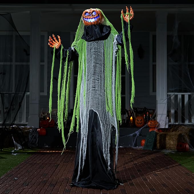 JOYIN 72" Halloween Decorations Outdoor Life Size Animatronics Ghost Pumpkin Decor, Sound-Actived Haunted House Props with Creepy Sound for Garden Yard Lawn