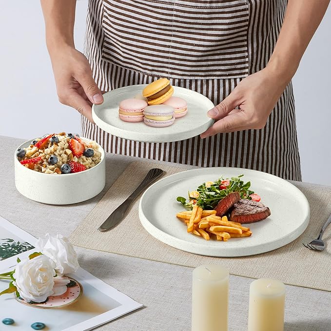 E-far Stoneware Dinnerware Sets, 12-Piece Plates and Bowls Dish Set for 4, Kitchen Modern Dinning Dishware, Chip and Scratch Resistant, Microwave & Dishwasher Safe, Speckled White