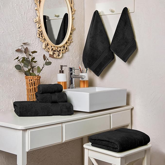 Elegant Comfort Premium Cotton 6-Piece Towel Set, Includes 2 Washcloths, 2 Hand Towels and 2 Bath Towels, 100% Turkish Cotton - Highly Absorbent and Super Soft Towels for Bathroom, Black
