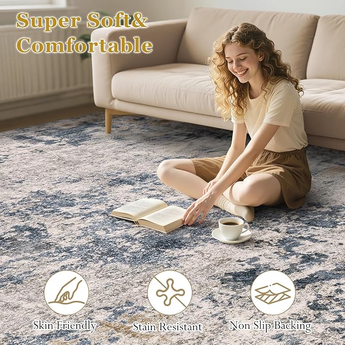 Area Rugs for Living Room: 10x14 Abstract Washable Rug Large Soft Stain Resistant Non-Slip Backing for Bedroom Dining Room Indoor Home Office Carpet for Kids Pet Friendly Families - Blue Brown