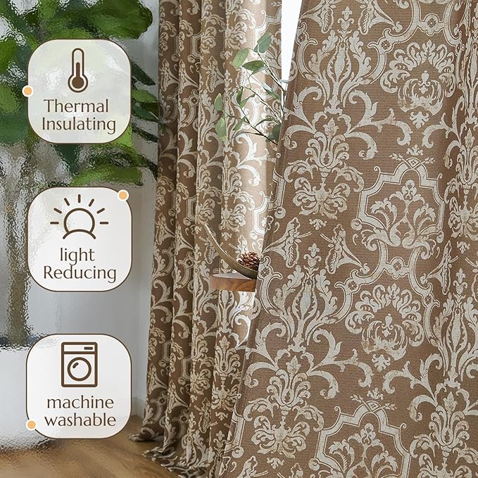 jinchan Room Darkening Curtains for Bedroom Brown Damask Patterned Curtains 63 Inch Length for Living Room Linen Textured Vintage Drapes Medallion Window Treatments Grommet Top 2 Panels Set