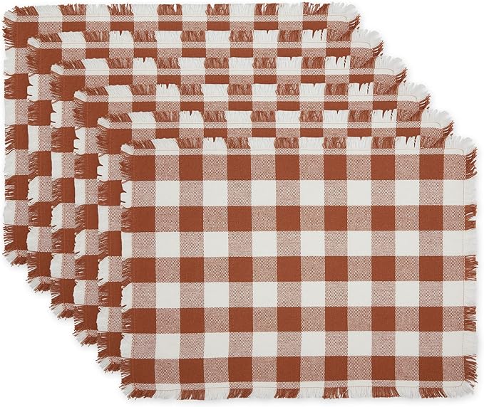 DII Heavyweight Fringed Check Tabletop Collection, Placemat Set, 13x19, Cinnamon, 6 Piece