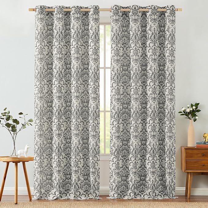 Jinchan Linen Curtains for Bedroom and Living Room - Grey Damask Patterned, 90 Inches Long, Light Filtering, Vintage Baroque Style Drapes With Grommets - 2 Panels Set