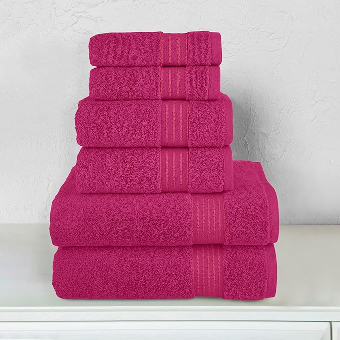 Elegant Comfort Premium Cotton 6-Piece Towel Set, Includes 2 Washcloths, 2 Hand Towels and 2 Bath Towels, 100% Turkish Cotton - Highly Absorbent and Super Soft Towels for Bathroom, Hot Pink