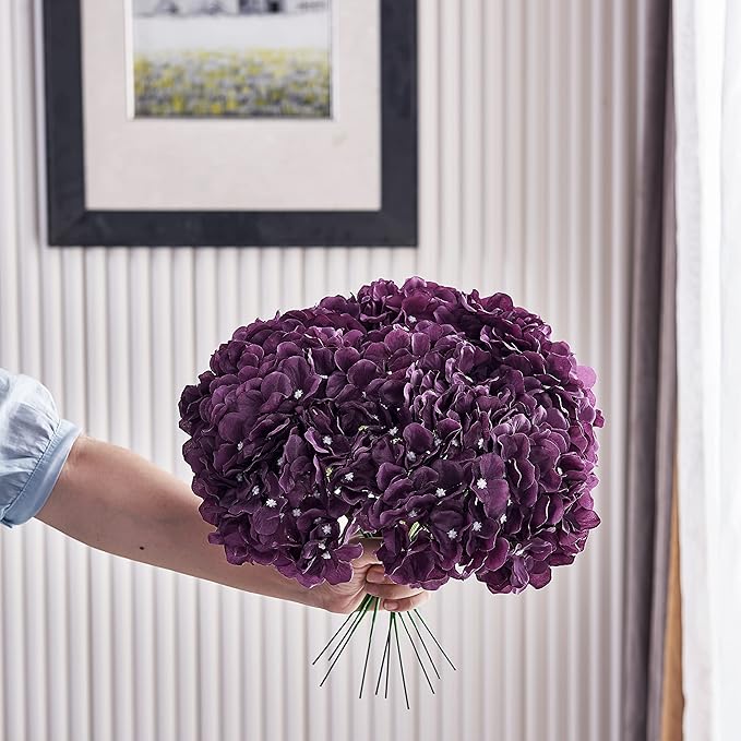 Artificial Silk Hydrangea Flower Plum Hydrangea Silk Flowers with Stems for Wedding Bridal Show Centerpieces Bouquets DIY Floral Decor Home Decoration,Pack of 10