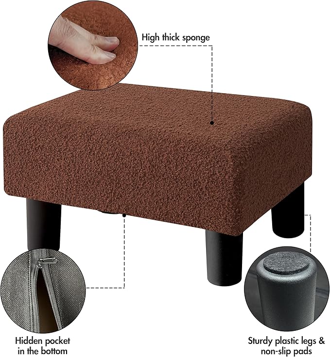 BRIAN & DANY Small Foot Stool Ottoman, Footstool with Legs, Teddy Velvet Foot Rest for Living Room, Bedroom and Office, Brown