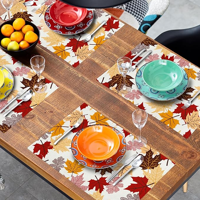 Giwawa Maple Leaf Placemats Set of 4 for Kitchen Dining, Colorful Fall Autumn Thanksgiving Leaves Non-Slip Washable Linen Place Table Mat 12x18 Inches for Tabletop Holiday Party Home Decor