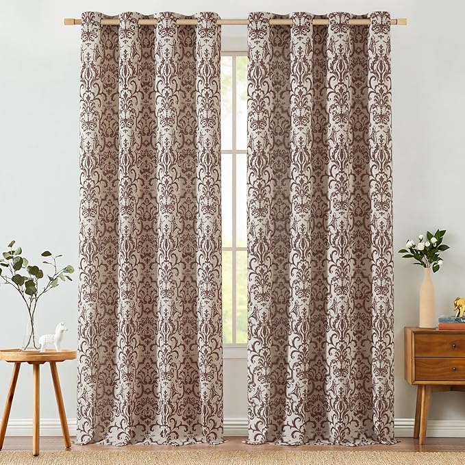 jinchan Linen Curtains for Bedroom Brown Damask Patterned 90 Inches Long for Living Room Light Filtering Vintage Curtains Baroque Style Drapes Grommet Window Treatments 2 Panels Set