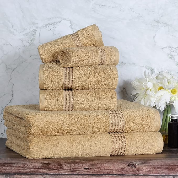 Superior Egyptian Cotton 6-Piece Towel Set, Bathroom Essentials, Towels For Bathroom, Apartment, Airbnb, Guest Bath, Face, Hand, Bath Towels, Washcloths, Absorbent, Fast Drying, Toast
