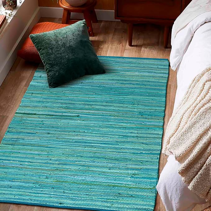 Rug Area Rugs Cotton Teal 3x5 Ft Multicolour Chindi for Livingroom Bedroom Washable RagRug Reversible Farmhouse Kitchen RunnerRug Carpet Area Runner Mat for Hallway, Entryway