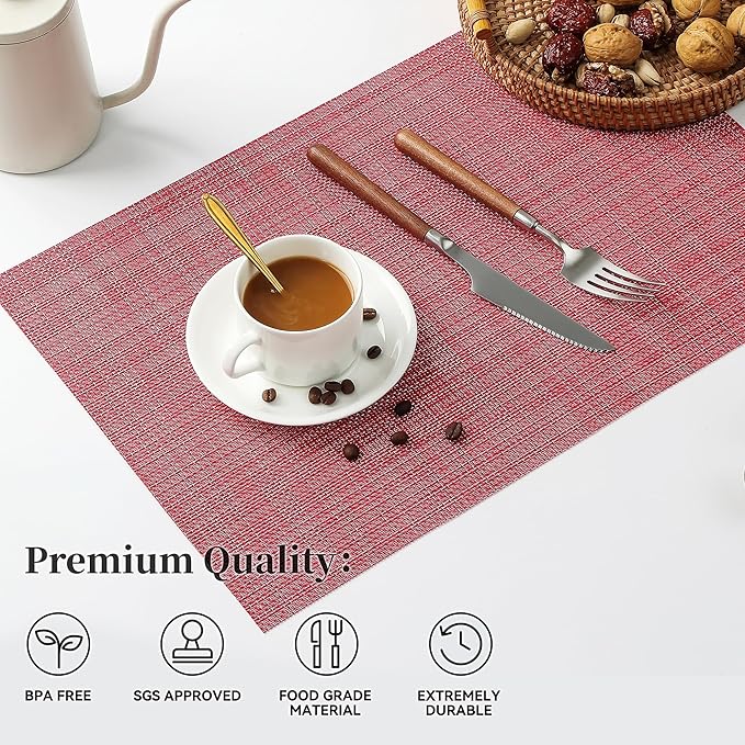 Leetaltree Red Placemats Set of 8 - Heat Resistant Non-Slip Place mats for Dining Table, Washable Durable PVC Vinyl Woven Table Mats(Red, 8)