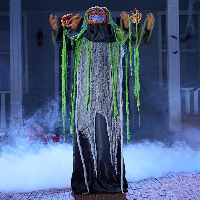 JOYIN 72" Halloween Decorations Outdoor Life Size Animatronics Ghost Pumpkin Decor, Sound-Actived Haunted House Props with Creepy Sound for Garden Yard Lawn
